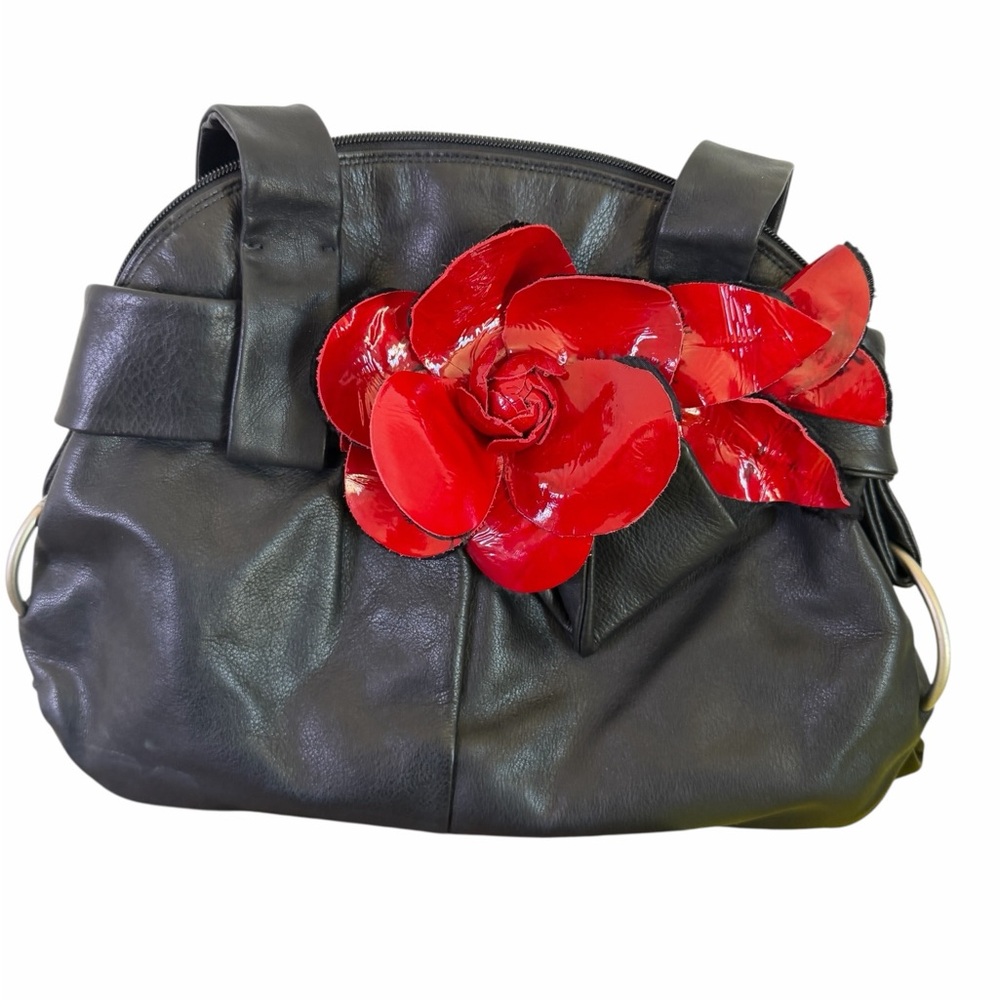 Renato Angi Black Leather Bag with Red Floral Accent Needs Repair